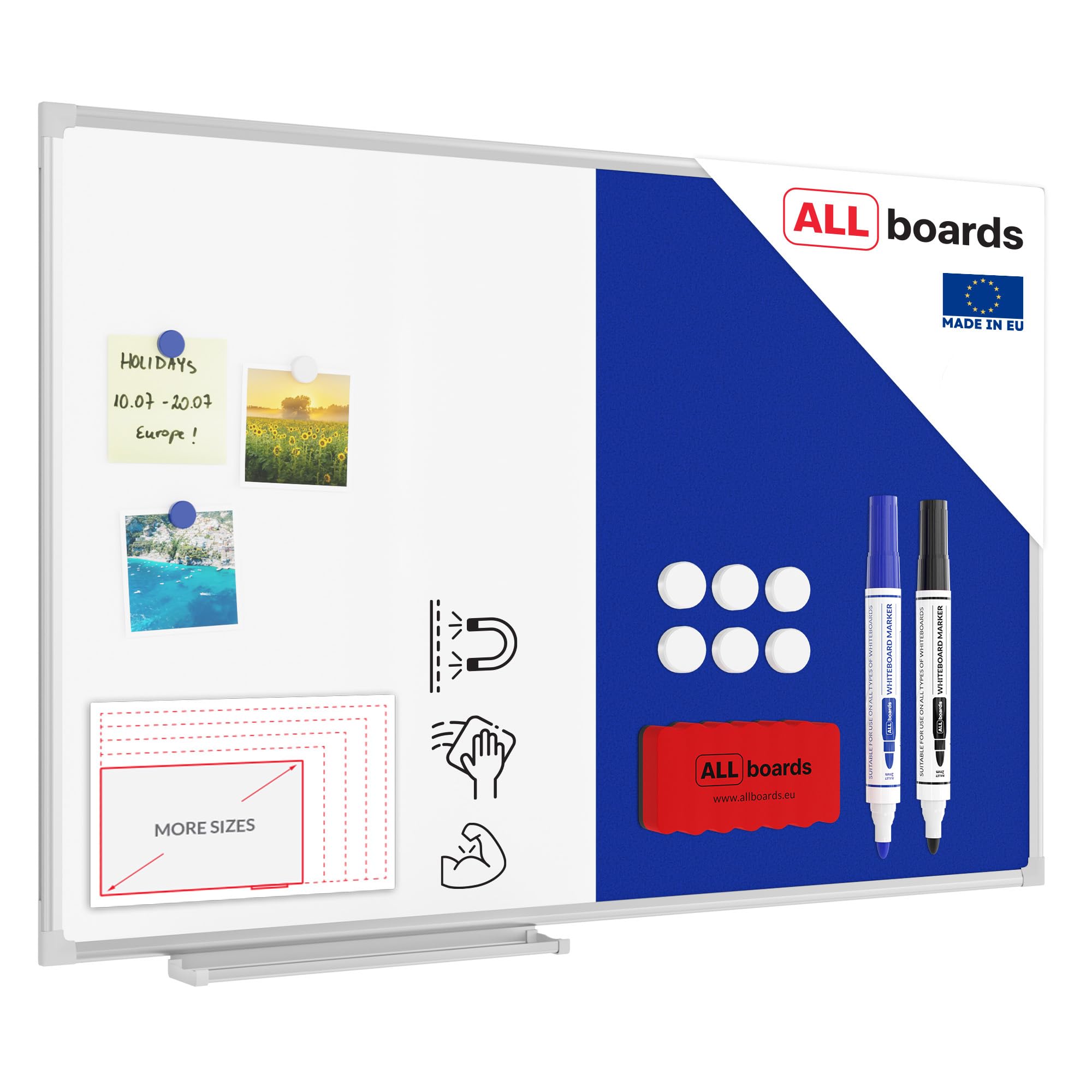 ALLboards Combination Board 2 in 1 Whiteboard & Blue Felt Board with Aluminium Frame 60x40cm, Pin Board Magnetic Board