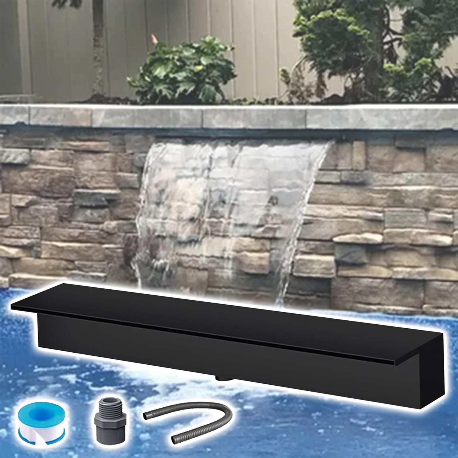 Vasca di sfioro Personalizzabile in Acciaio Inox per laghetti da Giardino, Giochi d'Acqua per Cortili, cascate per Piscine - Fontana Nera da 170 cm con Accessori per Uso Domestico e commerci