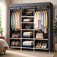 Guarda-Roupa Dobrável Cinza 3 Portas Zíper Impermeável Cabideiro Sapateira Metal 16mm Quarto Closet Lavanderia Apartamento