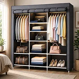 Guarda-Roupa Dobrável Cinza 3 Portas Zíper Impermeável Cabideiro Sapateira Metal 16mm Quarto Closet Lavanderia Apartamento