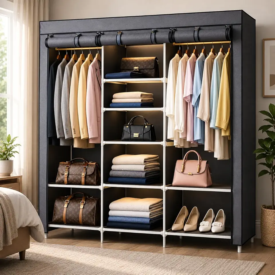 Guarda-Roupa Dobrável Cinza 3 Portas Zíper Impermeável Cabideiro Sapateira Metal 16mm Quarto Closet Lavanderia Apartamento