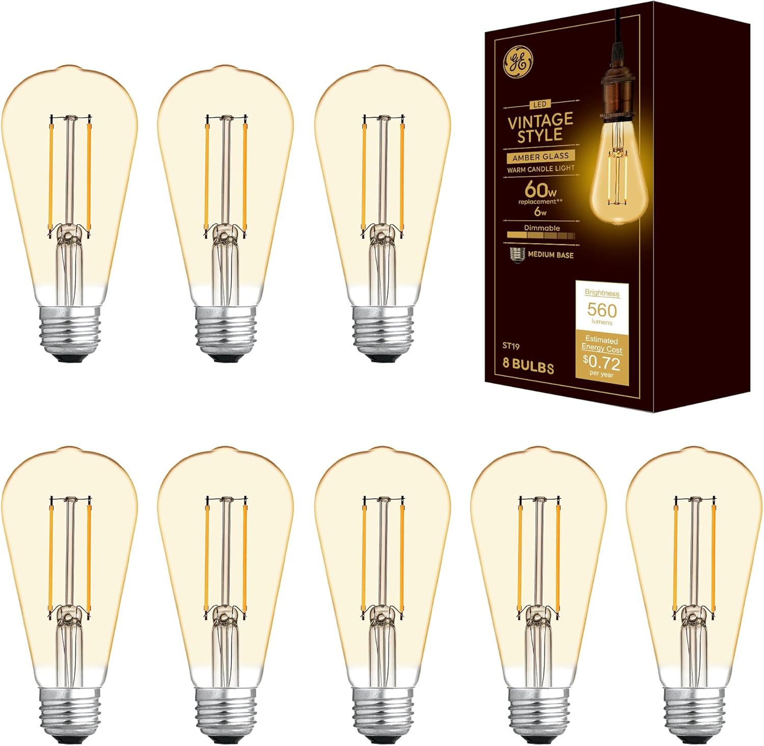 GE Vintage Style LED Light Bulbs, ST19 Edison Style Amber Glass Warm Candle Light, Energy Efficient and Dimmable LED Bulbs, 60-Watt Replacement, 15,000 Hours Lifespan, 8 Pack