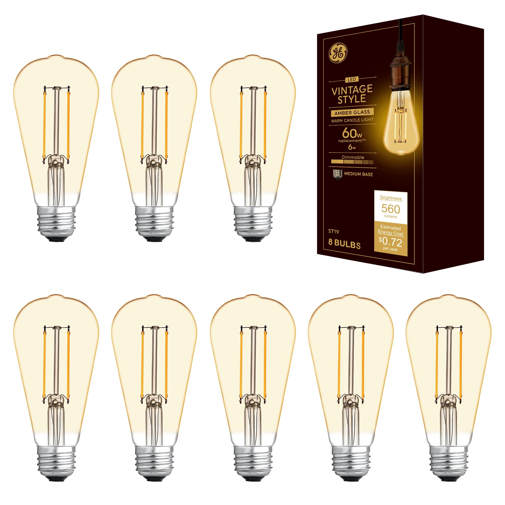 GE Vintage Style LED Light Bulbs, ST19 Edison Style Amber Glass