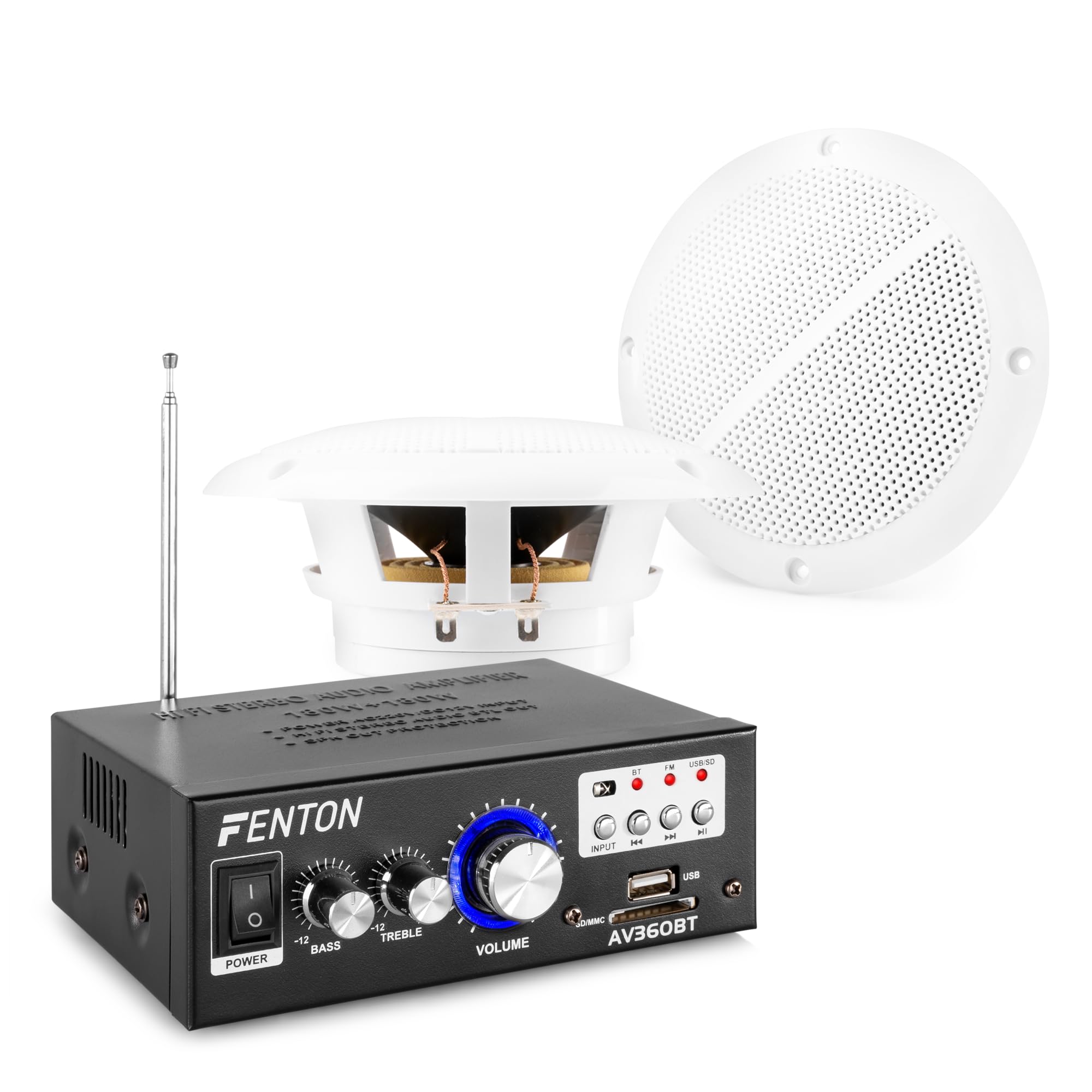 Fenton BS05 Set de Altavoces de Techo Resistentes al Agua IP44 con Amplificador Bluetooth 2x40W, USB, SD y Mando, Ideal para baño, SPA, Sauna o Zonas de Bienestar