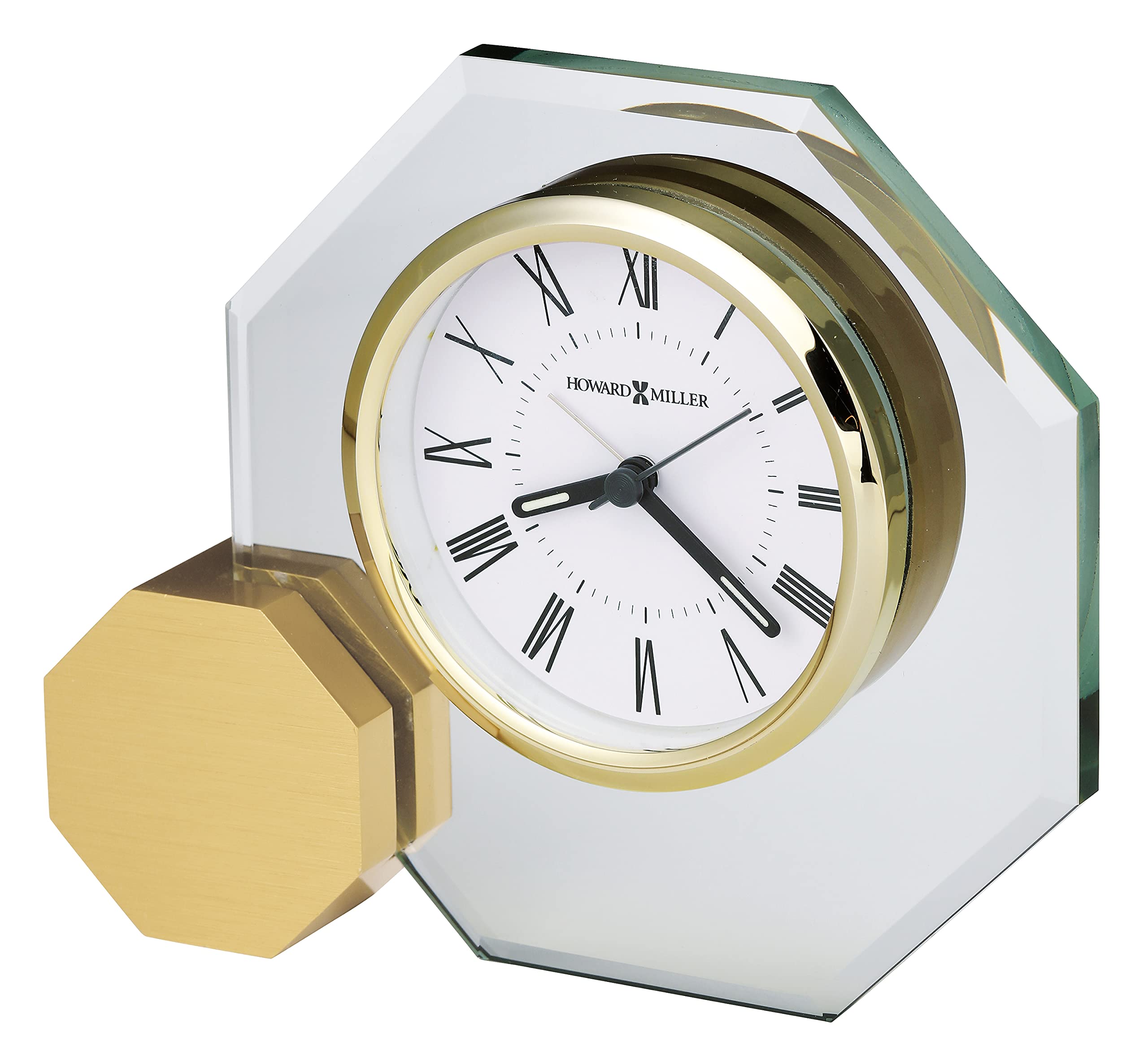 Howard Miller Danson Tabletop Clock – Premium Decorative Aluminum Base Clock with Octagon Glass Design Modern Alarm Clock Quartz Movement Roman Numeral Dial & Gold Tone Bezel for Elegant Home Decor