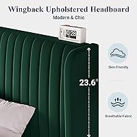 Vista 5 de Allewie Marco de cama de tamaño matrimonial/plataforma tapizada de terciopelo, cabecero con alas capitoné de canal vertical/listones de madera Verde