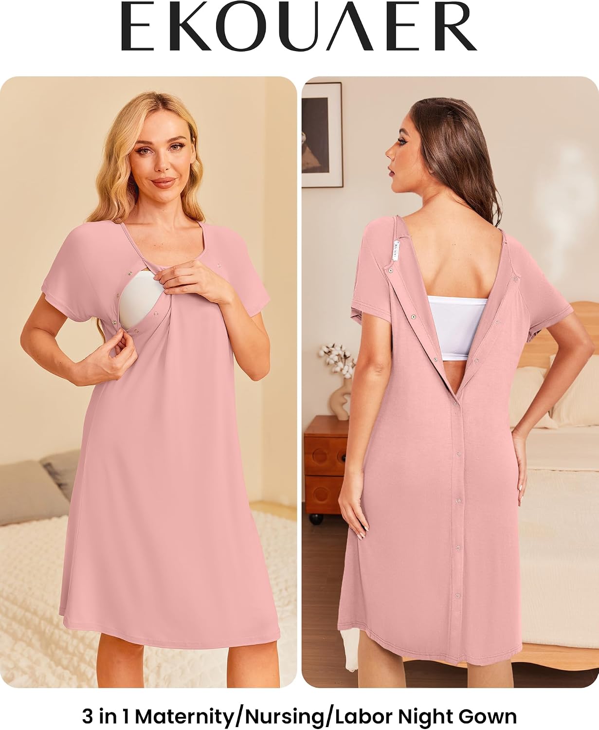 Ekouaer Women’s Nursing/Delivery/Labor/Hospital Nightdress Short Sleeve Maternity Nightgown with Button S-XXL thumbnail