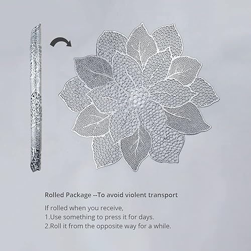 Miniatura 3 de AdasBridal Manteles individuales redondos plateados para mesa de comedor, juego de 6 manteles metálicos de vinilo prensado huecos de flores de