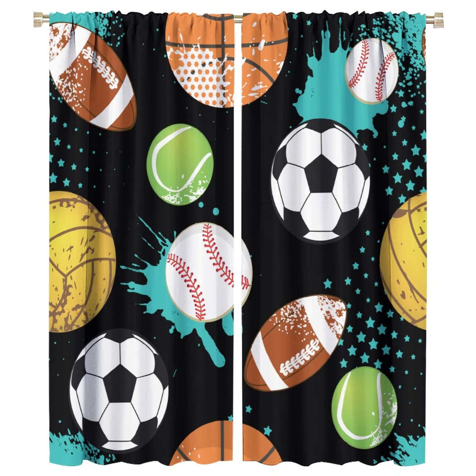 JESTRONRY Sport Window Curtains,Abstract Basketball Football Soccer Rugby Baseball Sports Theme Home Fabric Living Room Kids Boys Girls Teens Bedroom Home Decor Blackout Drapes W42xL54in