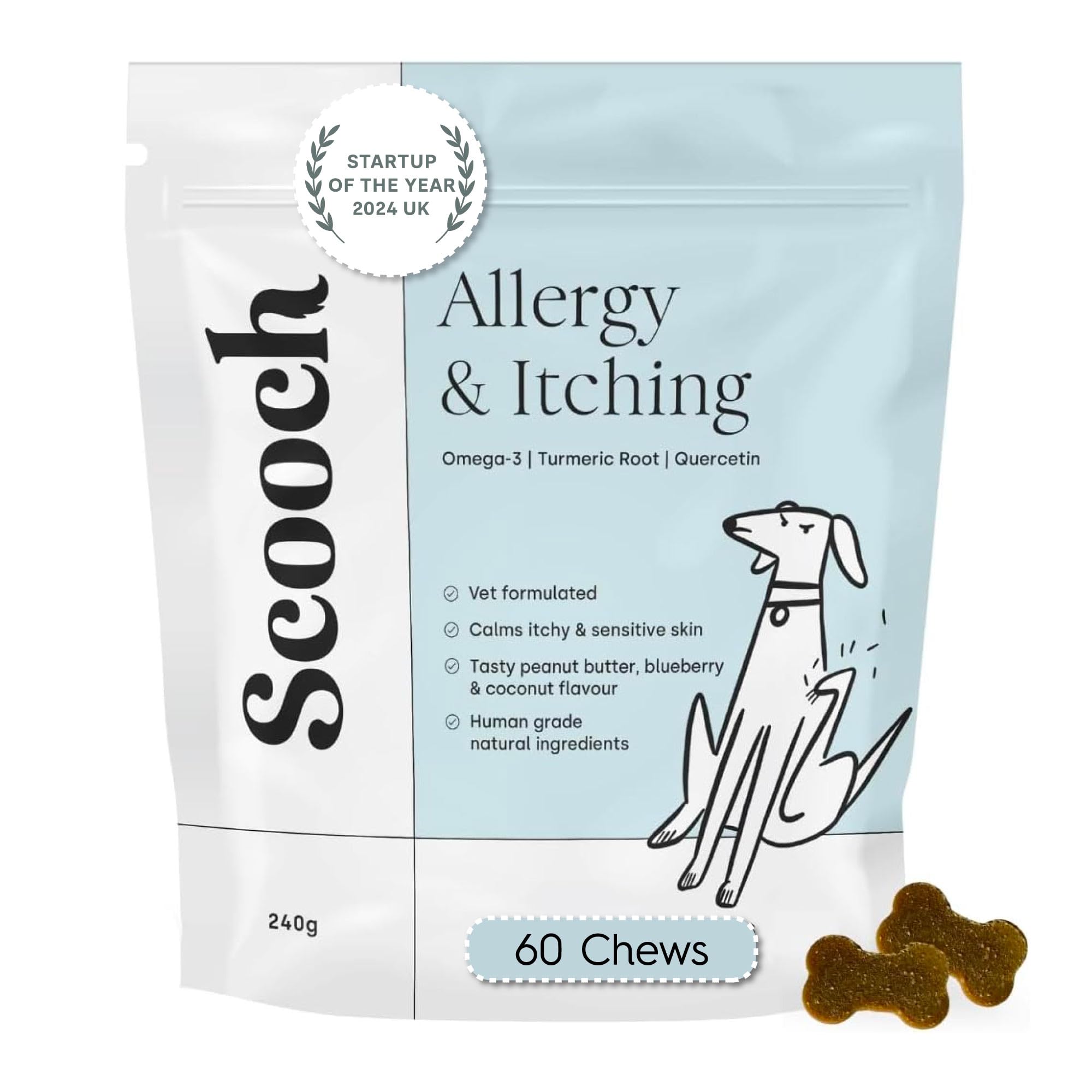 Vet-Formulated Scooch Allergy & Itching Chews To Calm Itchy, Sensitive Skin, Ears & Paws | Premium, Natural, Human Grade, Hypoallergenic, Plant-Based Peanut Butter & Coconut | Approx 60 Crunchy Chews