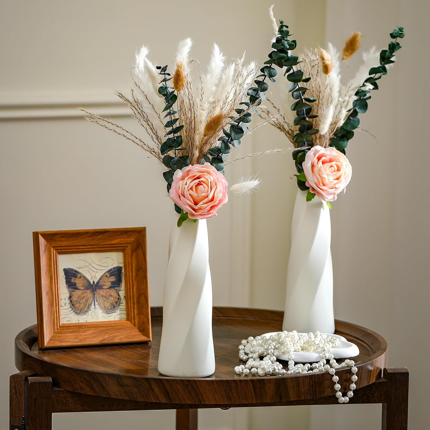 Janinka 10 Set Dried Pampas Grass Centerpiece for Wedding 10 Composite Plastic Flower Vases 10 Artificial Roses 80 Dried Pampas Grass for Baby Shower Rustic Bridal Shower Farmhouse Home Decoration