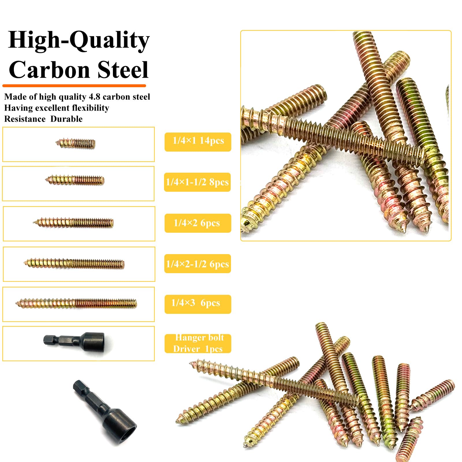 41 Pack Hanger Bolts - 1/4-20" Wood Screws & Driver -3