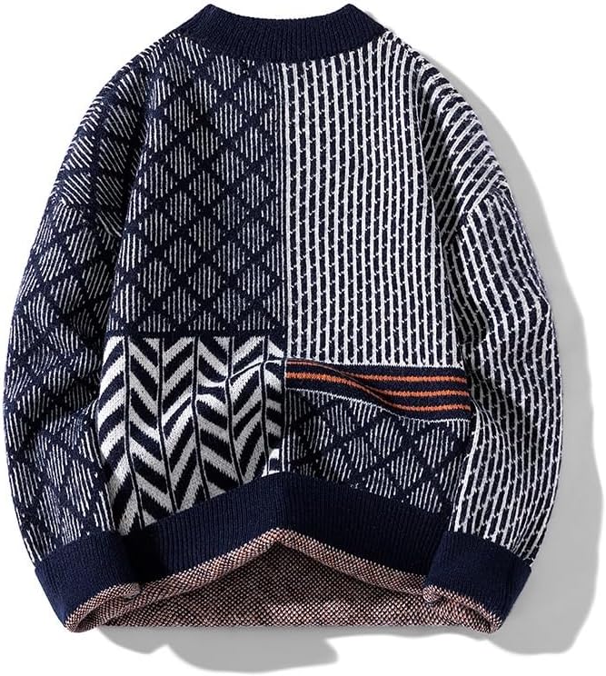 Sweater Men's Round Neck Casual Wide Contrasting Color Spliced Knit Sweater