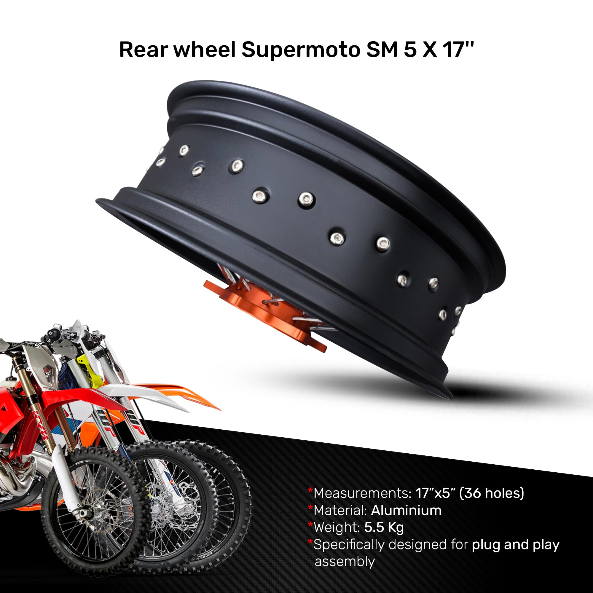 avdb -moto felga/szprychy, koło tylne 15" x 17" kompatybilne z KTM SX 300 2023-2024, SXF 250 2023-2024, SXF 350 2023-2024, HUSQVARNA FC 450 2023-2024, GAS EX 250 EX 252024-X Supermoto (pomarańczowy)