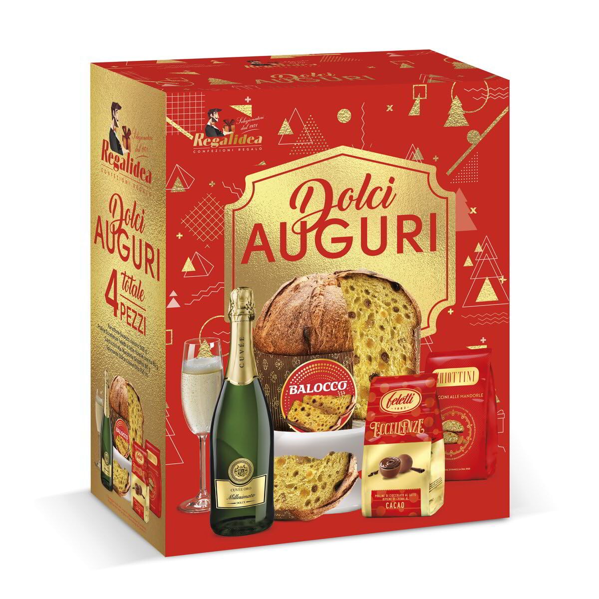 Cesto Natale Dolci Auguri - (4 Pezzi) Con Panettone Classico, Praline al Cioccolato Al Latte Ripiene Con Crema Al Cacao, Biscotti Alle Mandorle e Spumante dolce