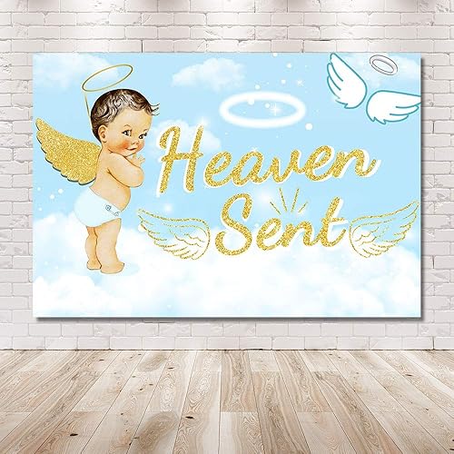 Miniatura 6 de Bonito telón de fondo para fiesta de baby shower, de 7 x 5 pies, cielo azul claro, nube blanca, ángel dorado, decoración de alas doradas, regalo de