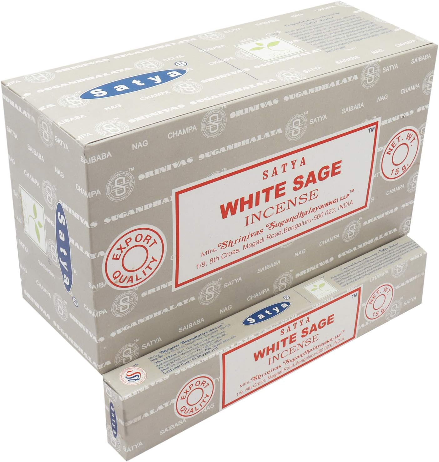 Satya White Sage Incense Sticks Agarbatti 180 Grams Box with Free Wooden Incense/agarbatti Stand with Brass Work | 12 Packs of 15 Grams Each in a Box | Export Quality