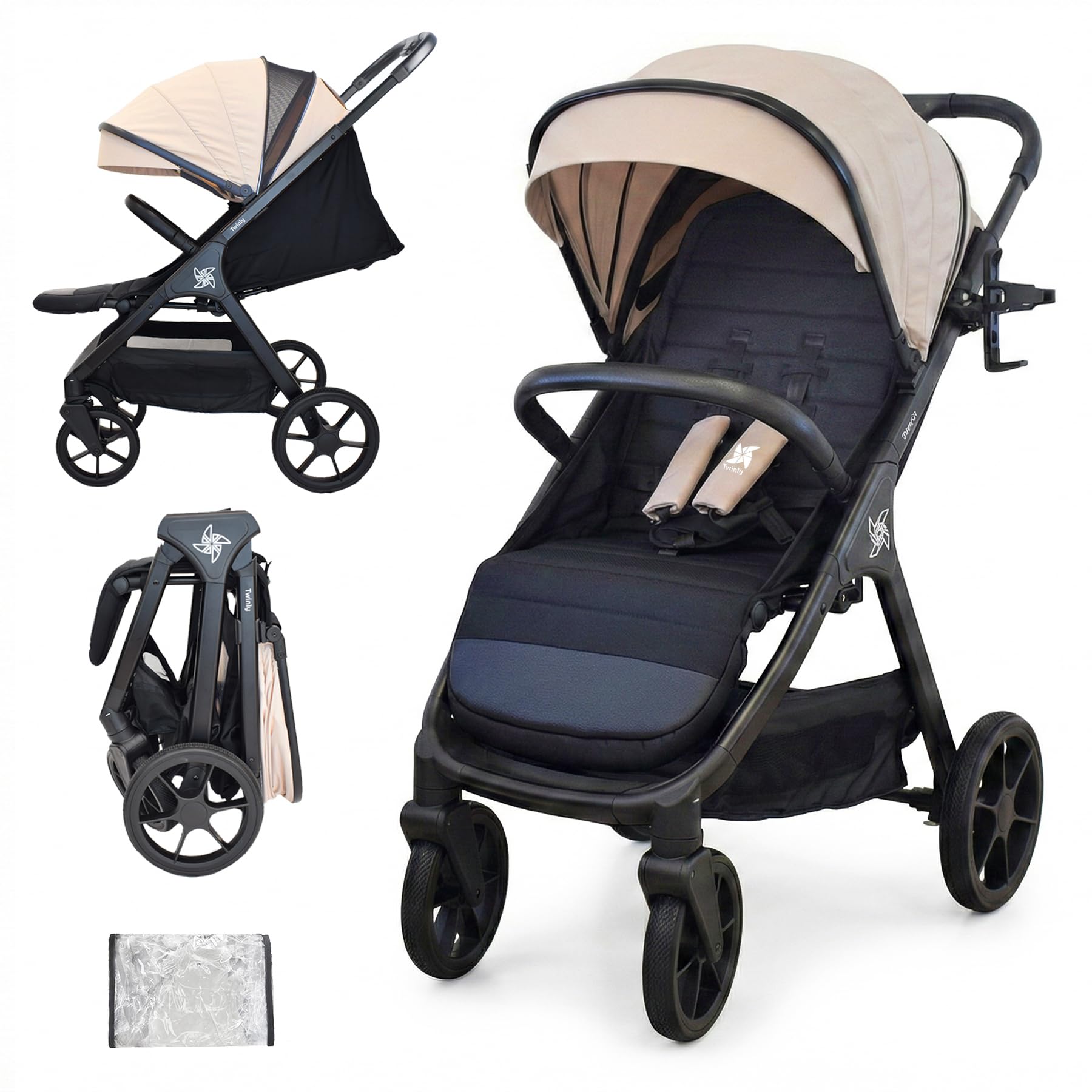 Twinly - Wózek spacerowy SPACELY składany do 22 kg, lekki wózek dla niemowląt, łatwy do złożenia jedną ręką, kaptur XXL UPF 50 zawiera tworzywo przeciwdeszczowe, rozkładany wózek dziecięcy (beżowy)