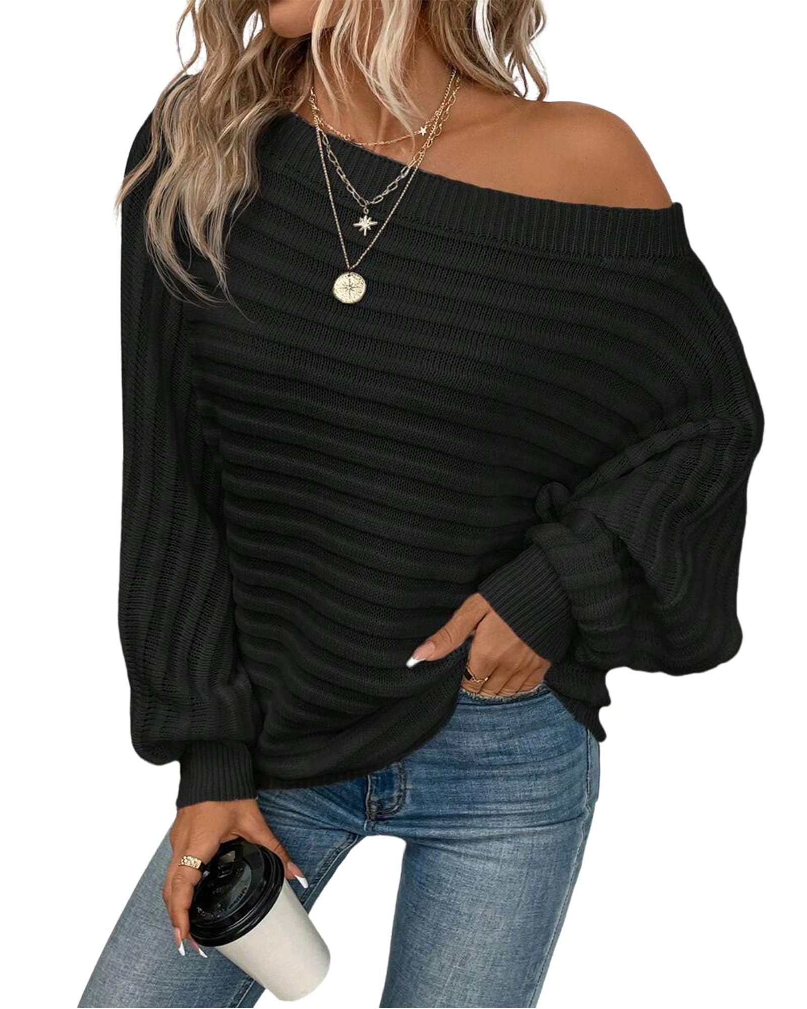 ZAFUL Womens Fall Sweaters Off The Shoulder Batwing Sleeve Textured Knit Tops Oversized One Shoulder Sweater