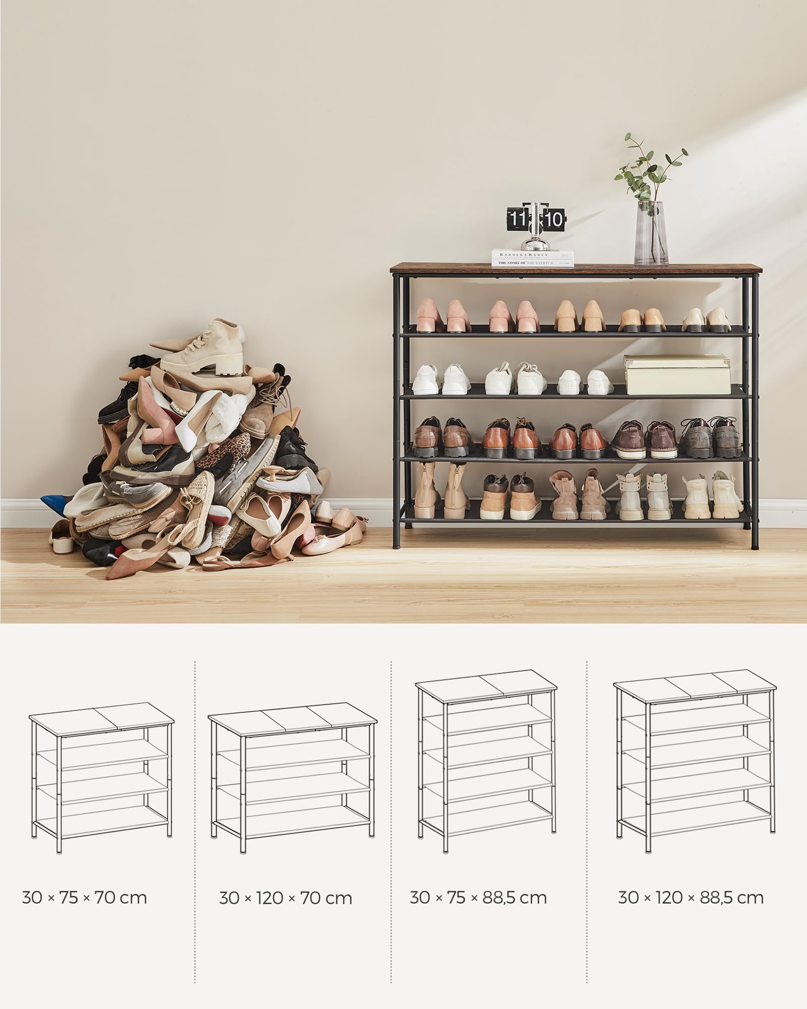 VASAGLE schoenenrek, schoenenrek met 4 rasterniveaus en royaal oppervlak voor tassen, voor de entree, hal, 100 x 30 x 92,5 cm, industrieel ontwerp, grijs-zwart LBS015B02