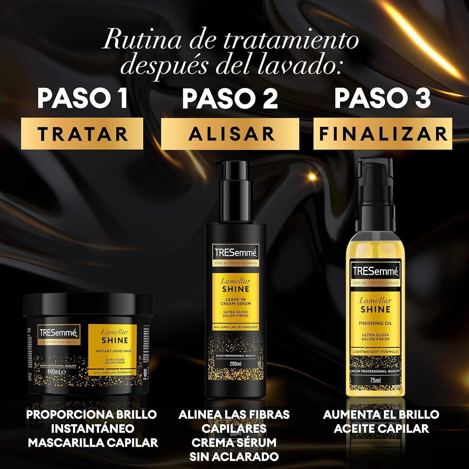 TRESemmé Lamellar Shine Set Cuidado del Cabello, Con Mascarilla, Crema-Sérum Sin Aclarado y Aceite, Para Todo Tipo de Cabello, Cabello Sedoso y Brillante, Con Tecnología Lamellar, 440ml + 200ml + 75ml