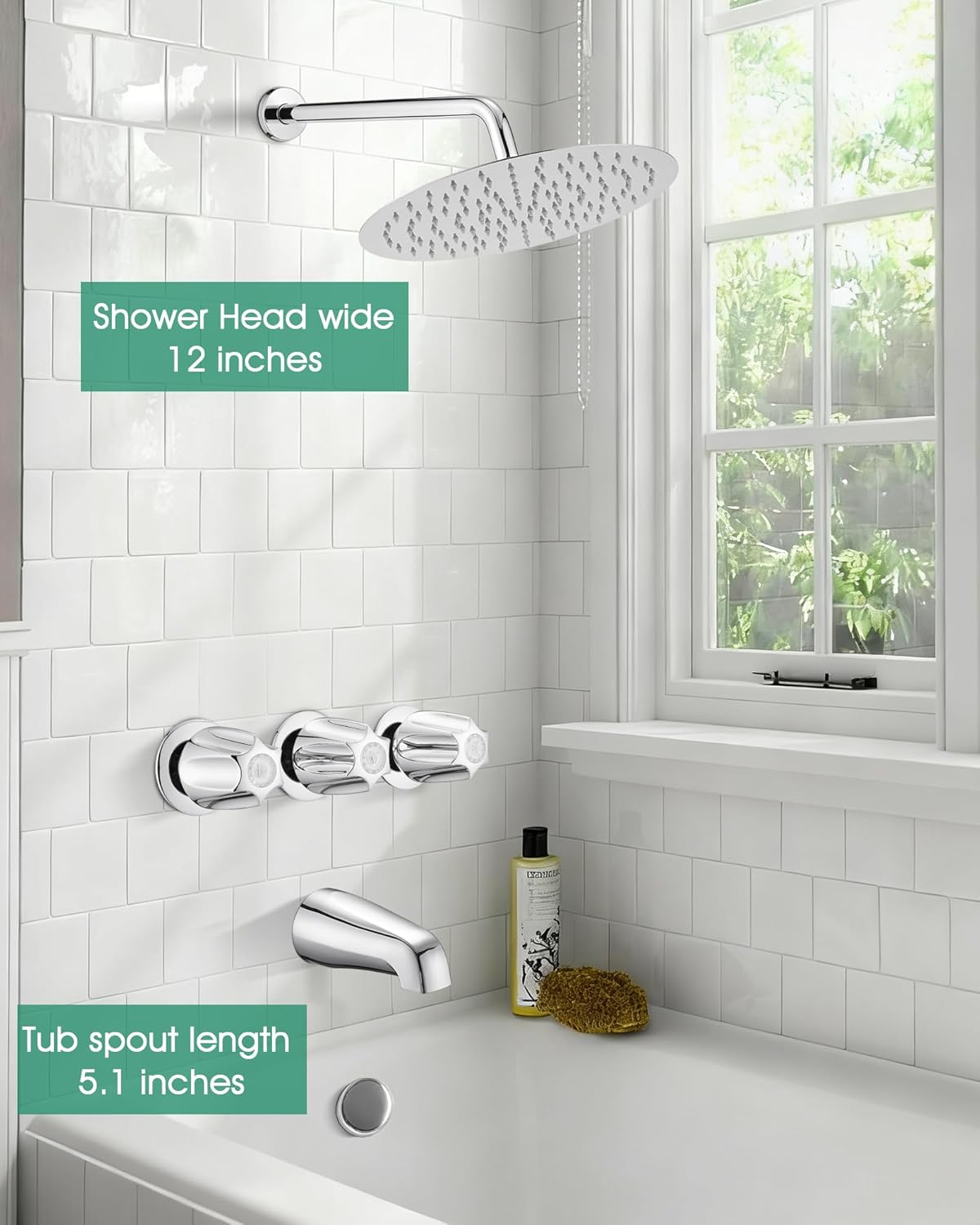 12" Rainfall Shower Faucet& Bathtub 3 Handle Knob Replacement for Price Pfister Verve Remodel/Rebuild Trim Kit, Chrome