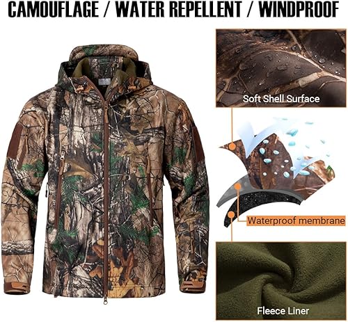 Vista 3 de CARWORNIC Chaqueta de caza silenciosa de camuflaje para hombre, impermeable, con forro polar, camuflaje, senderismo, pesca