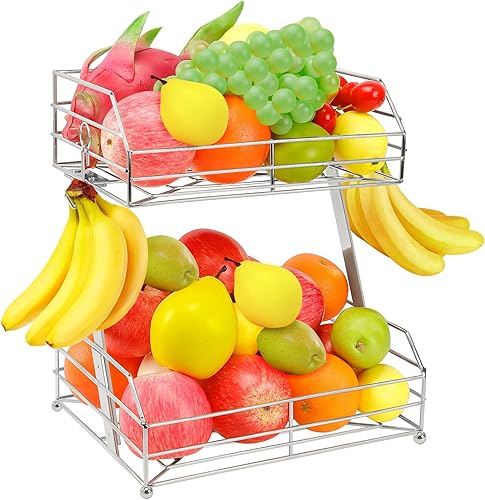 Cesta de frutas de 2 niveles con 2 ganchos para plátanos, organizador de cesta de frutas de alambre de metal para encimera de cocina, soporte
