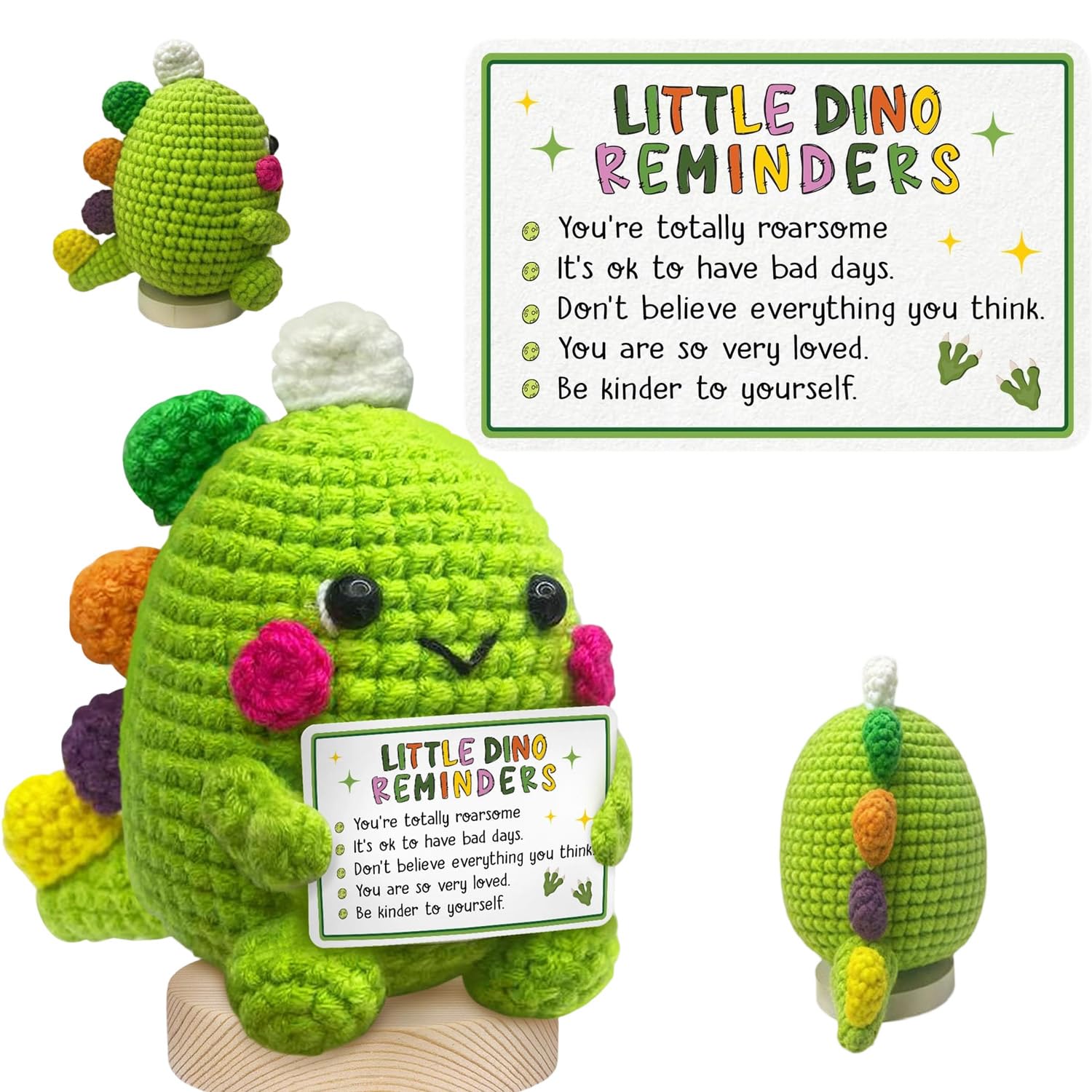Wuneiox Positive Dinosaur Crochet Gift, Green Handmade Emotional Support Gift with Inspirational