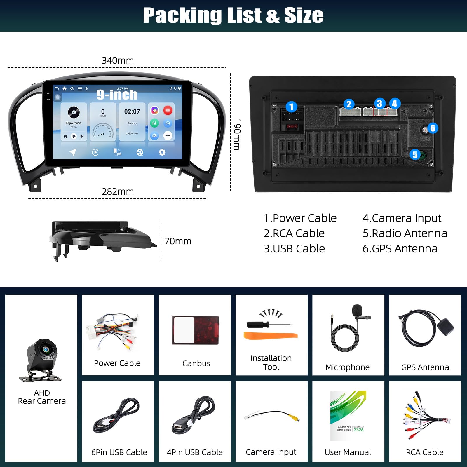4+128G Android 15 CAMECHO Autoradio para Nissan Juke J15 2010-2019/YF15 Infiniti ESQ 2011-2017, Radio 9 Pulgadas con Bluetooth GPS WiFi Inalámbrico Carplay Android Auto FM RDS + Cámara Trasera