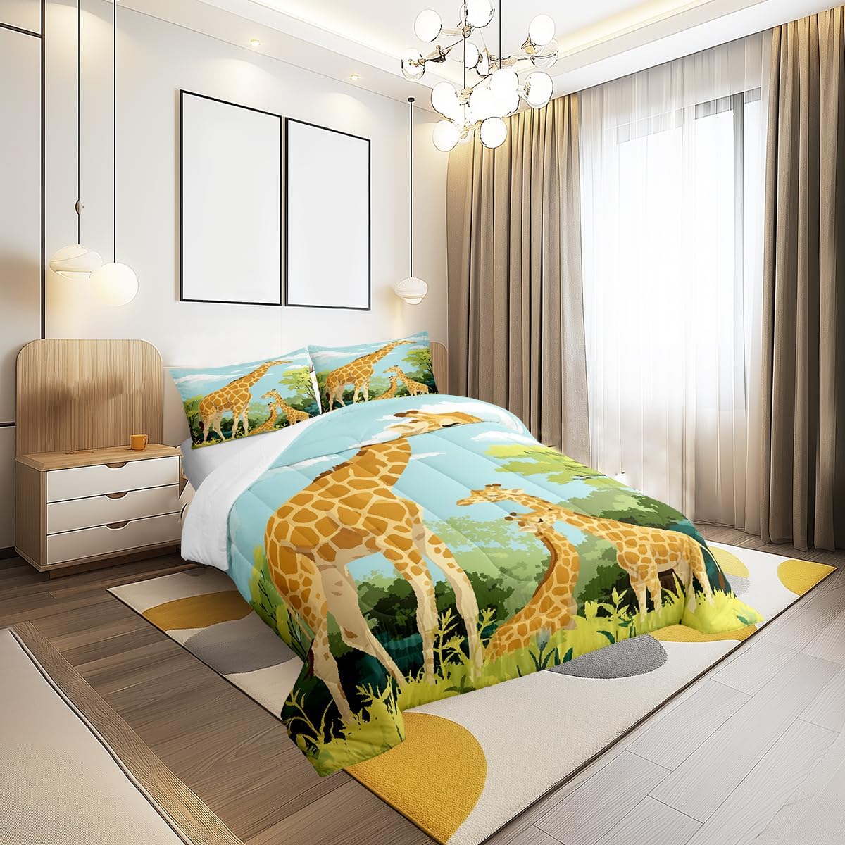 Castle Fairy Cartoon Giraffe Comforter Set Full Size for Kids Cute Tropical Wild Animal Bedding Sets All Season Blue Sky Jungle Trees Quilt Set Bedroom Decor Tallest Neck Animal Down Comforter,3Pcs
