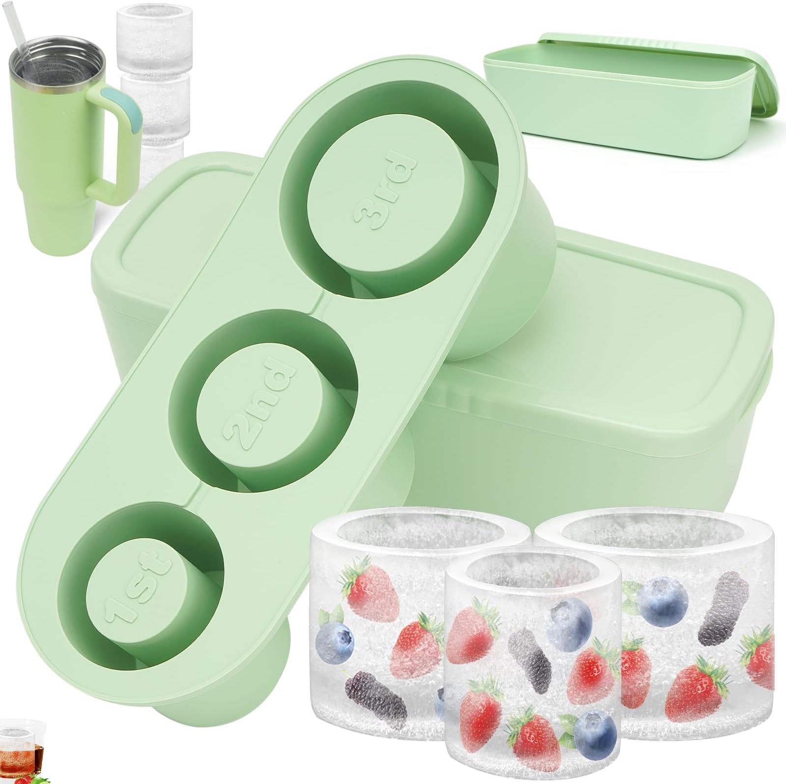 Ice Cube Tray for Stanley 40 Oz Tumbler Cup, Silicone Ice Cube Mold for Stanley Cups with Lid & Bin Freezer for Ice Coffee Drinks Cocktails Whiskey, Increase Freezing Time Effect Ice Maker - Green