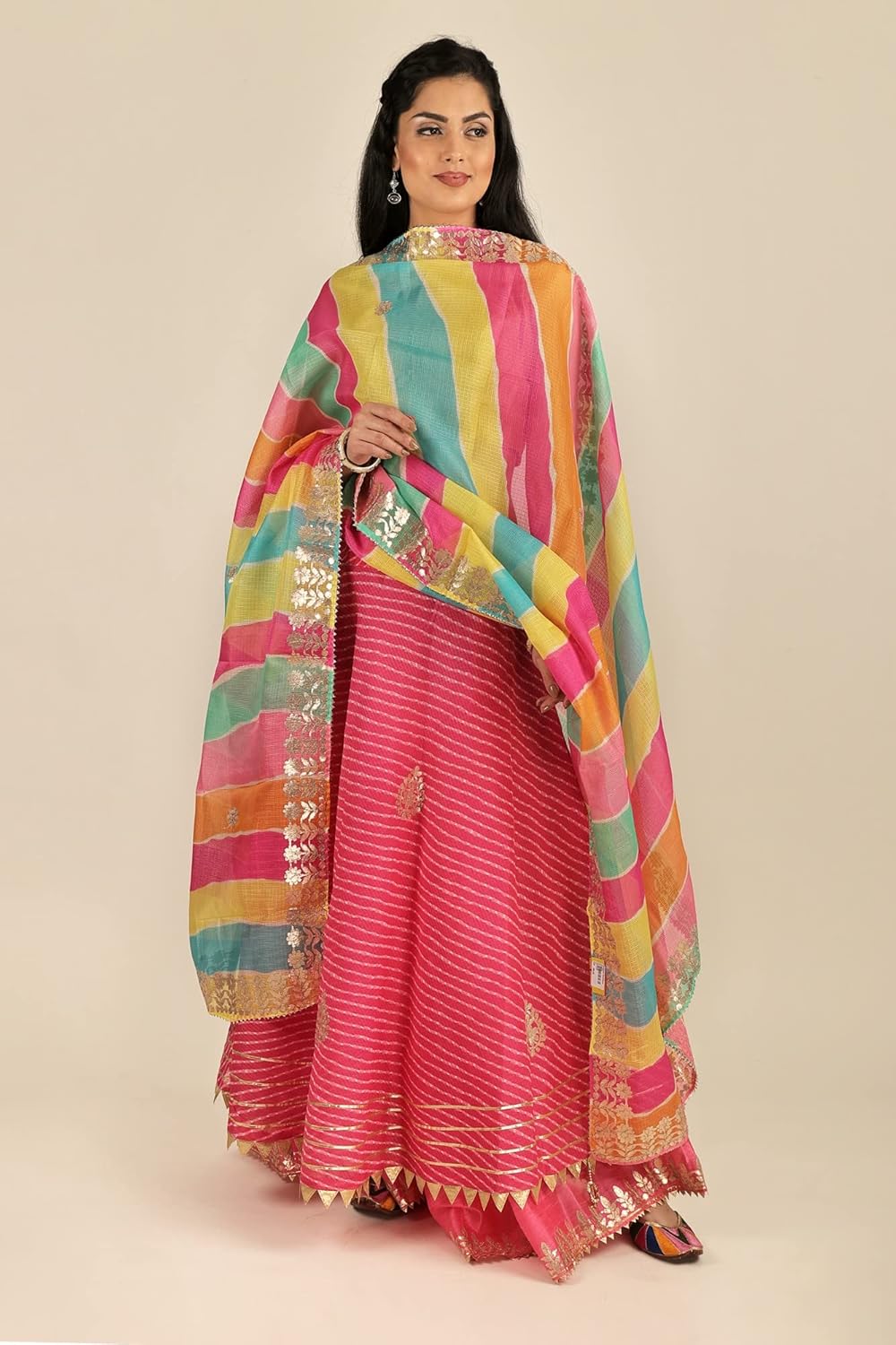 Exotic India Multi-Color Leheria Kota Doria Dupatta from Jodhpur with Gota Border - Cotton - Image 4