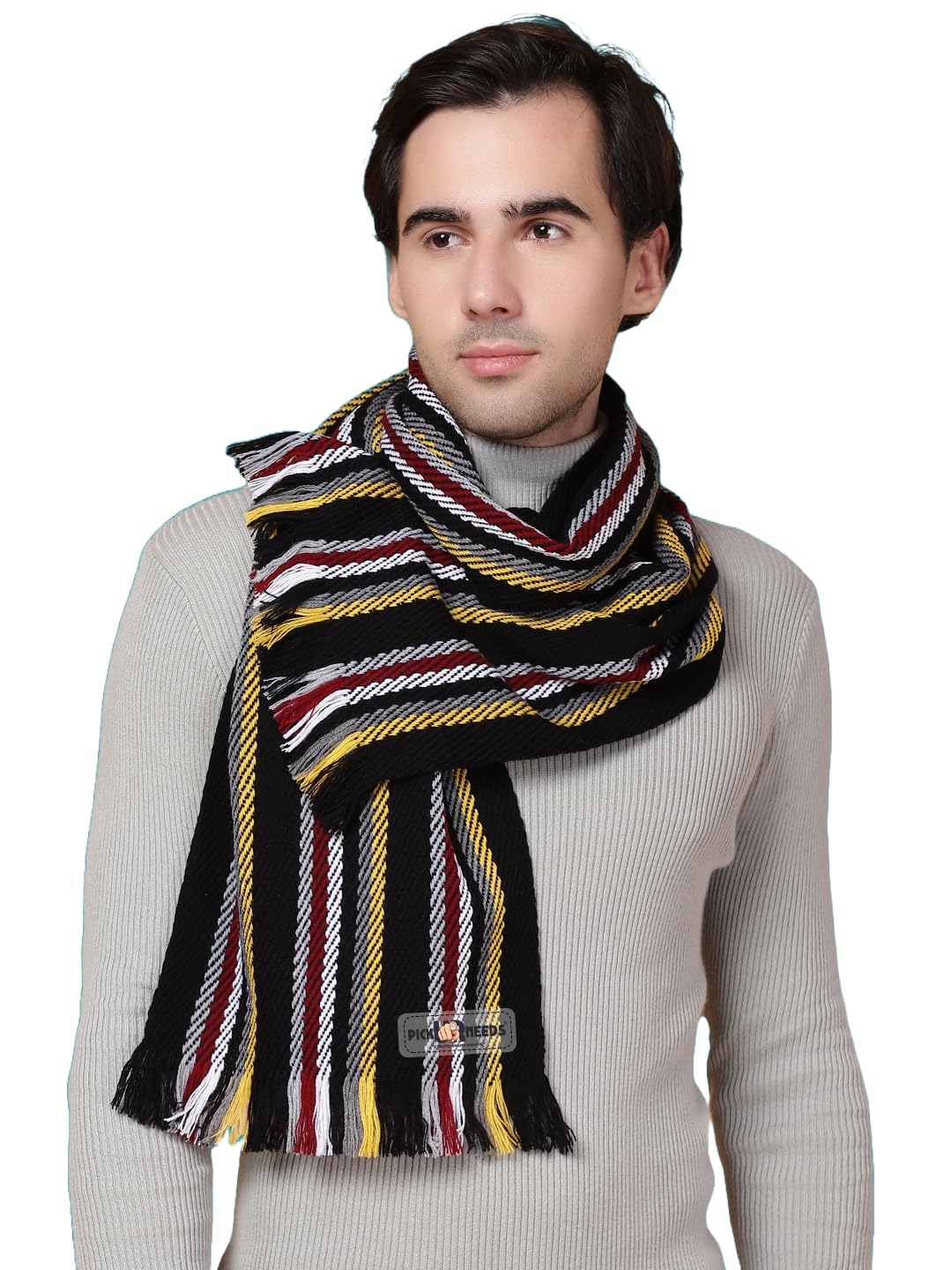 pick ur needs Premium Men's Warm And Stylish Woolen Muffler With Multicolour Stripes And Stylish Tussles Ends - 70 Inches * 11 Inches-picture-31