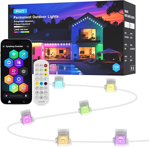 FNY Luces permanentes para exteriores de 100 pies Smart RGB con 60 LED, IP67 impermeable para decoración al aire libre, aplicacióncontrol remoto,
