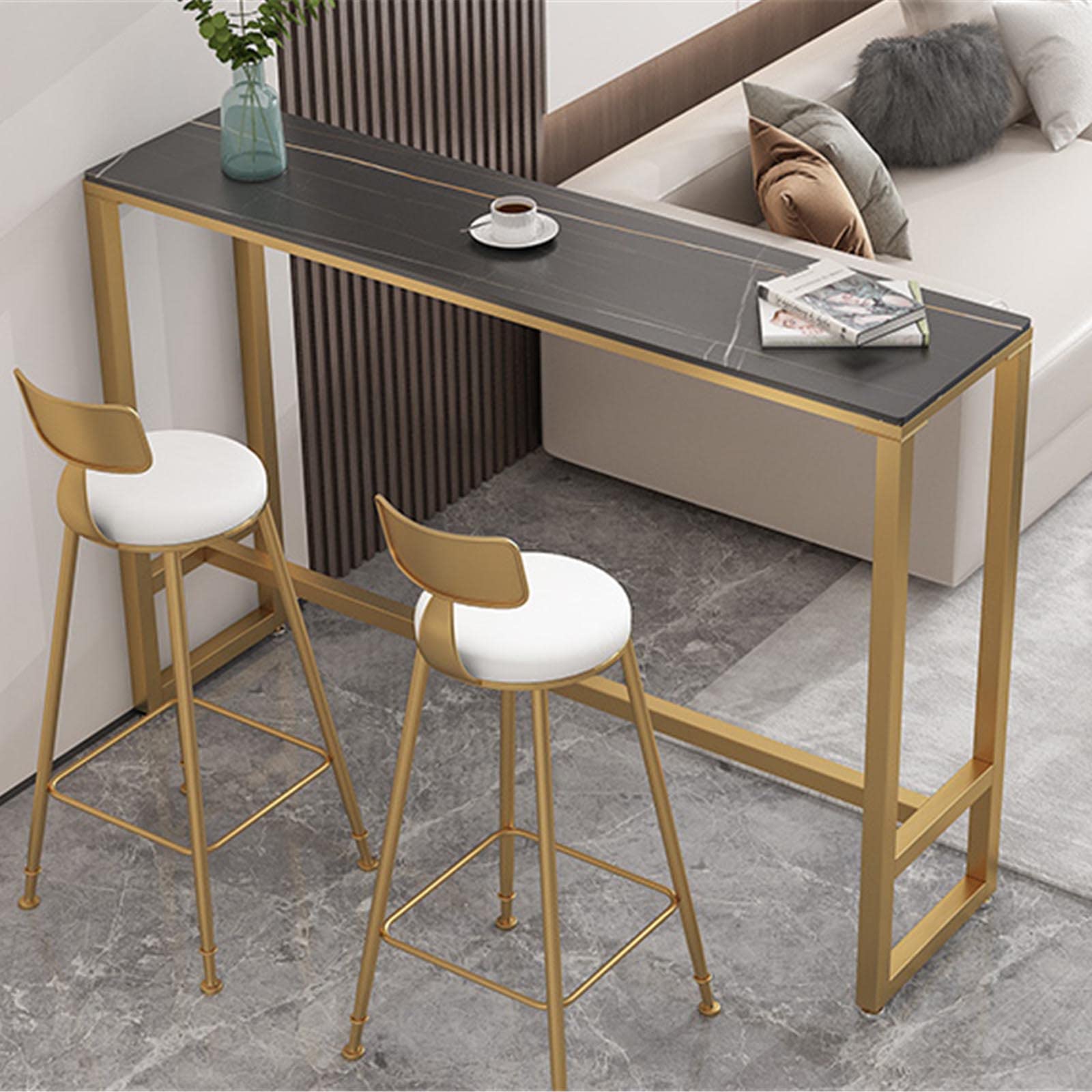 Tavolo da bar in marmo con piedini in ferro per sala da pranzo, hotel, lounge, casa, bar, tavolino alto e stretto (100 x 40 x 90 cm)