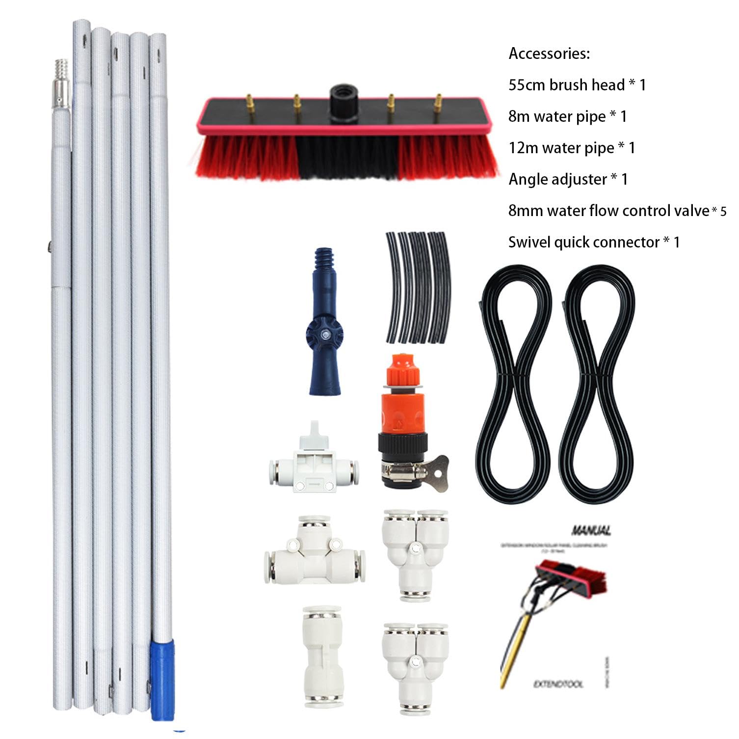 Cepillo Aadjustable para Limpieza de Paneles Solares con Kit de pértiga con Suministro de Agua extensión de 3 m a 9 m Cepillo Limpiador de Ventanas para Sistema de Limpieza de Pane