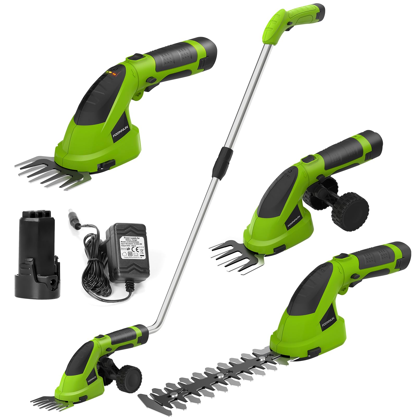 2 en 1 Tijera Cortacésped y Arreglasetos, FOONNUN Tijeras de Césped y Arbustos 7,2 V, Mango Giratorio de 180 °, Tijeras para Césped con Mango Telescópico y Ruedas, para Podar Césped, Arbustos y Setos