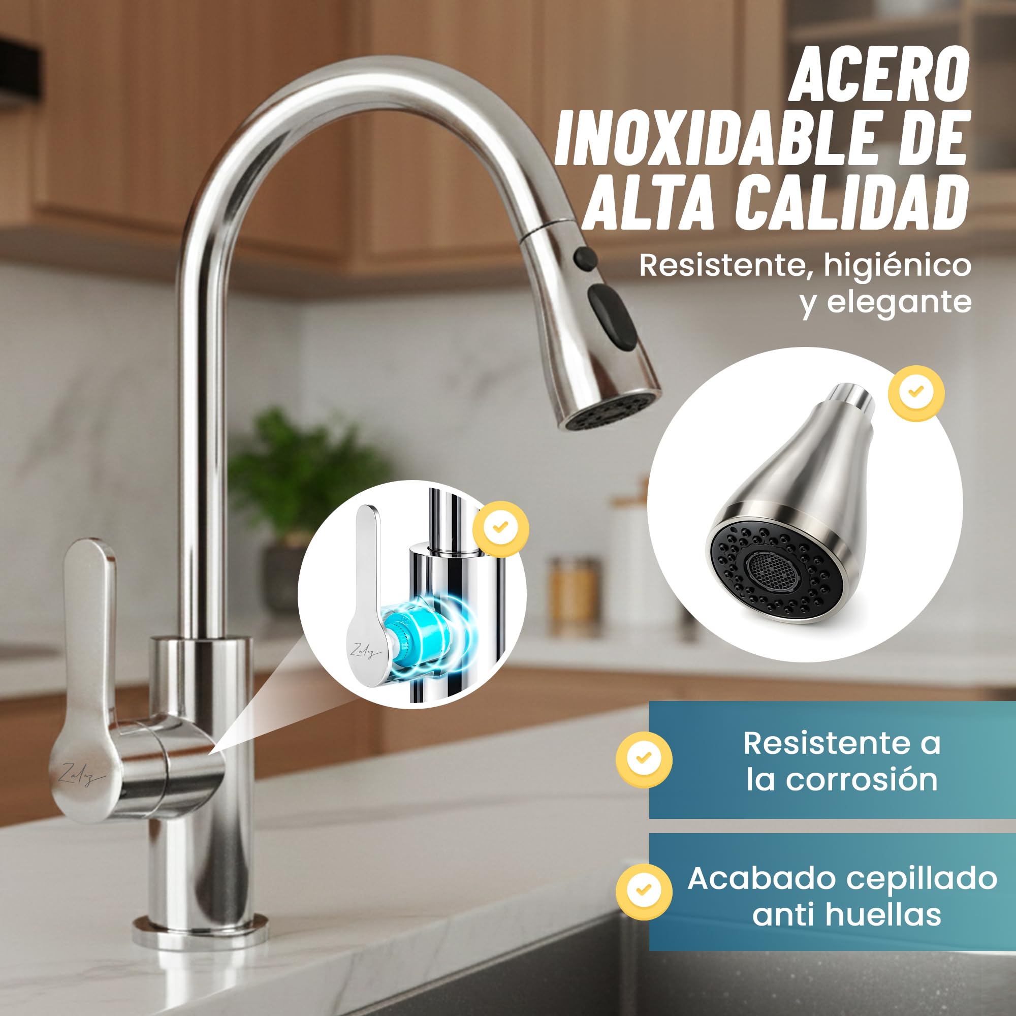 ZALEZ - Grifo Cocina Extraible - Grifo Cocina Fregadero con 3 Modos Giratorio 360° - Acero Inoxidable 304 con Torneira Cozinha - Cabezal Rociador de ABS Fregadero Cocina - Ahorro de Agua 30%.