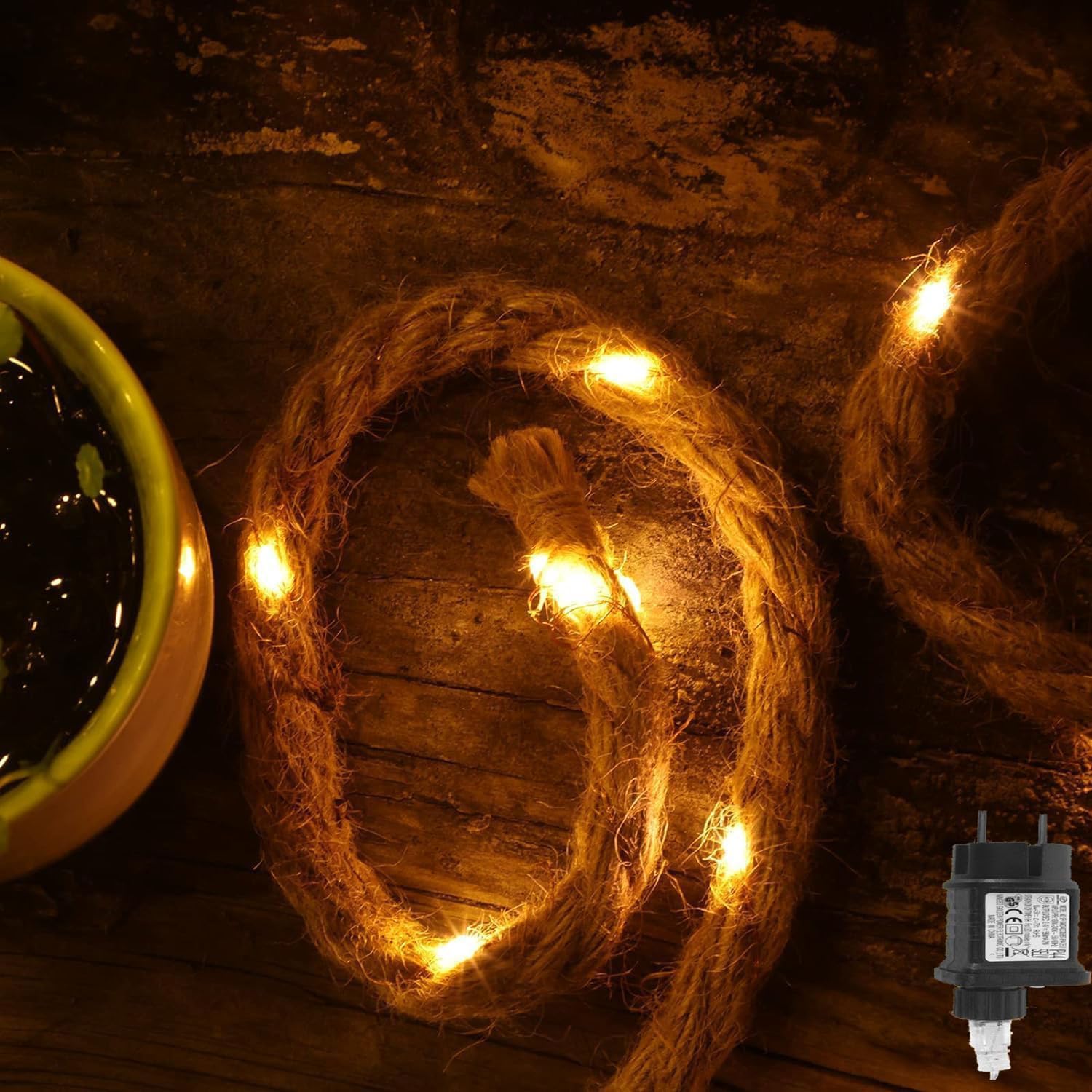 gresonic corde chanvre Guirlande lumineuse LED 80LED 6m de long avec minuterie et prise coton naturel Cordon en jute Couleur blanc chaud Décoration de jardin Éclairage intérieur Décoration de Noël