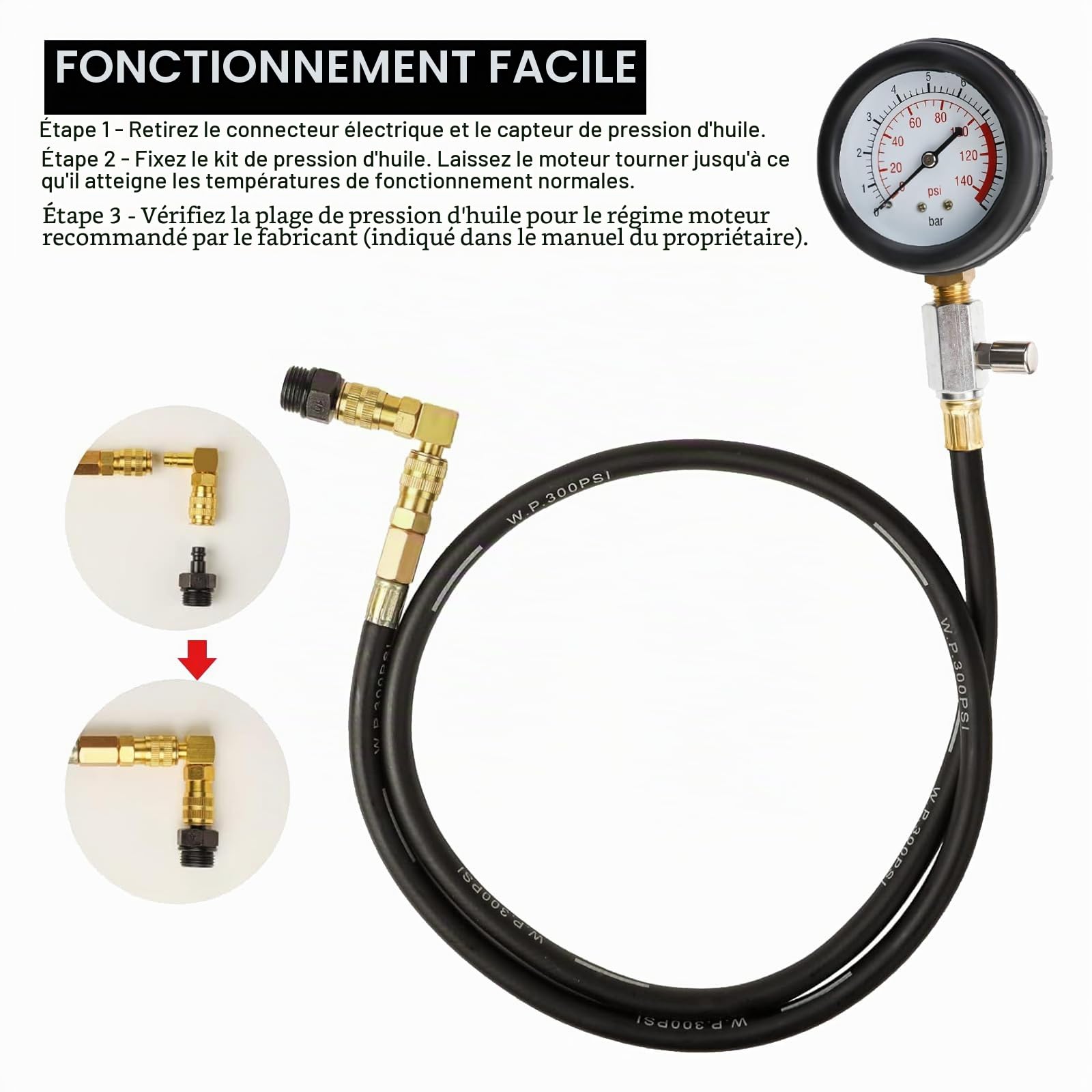 FreeTec Testeur de Pression d'Huile, 140 psi 10 Bar Manometre Pression Huile Moteur, Universel Kit Outil Test Controleur Mano Pressions Huiles avec Adaptateurs pour Voiture Camion Tracteur (Rouge)