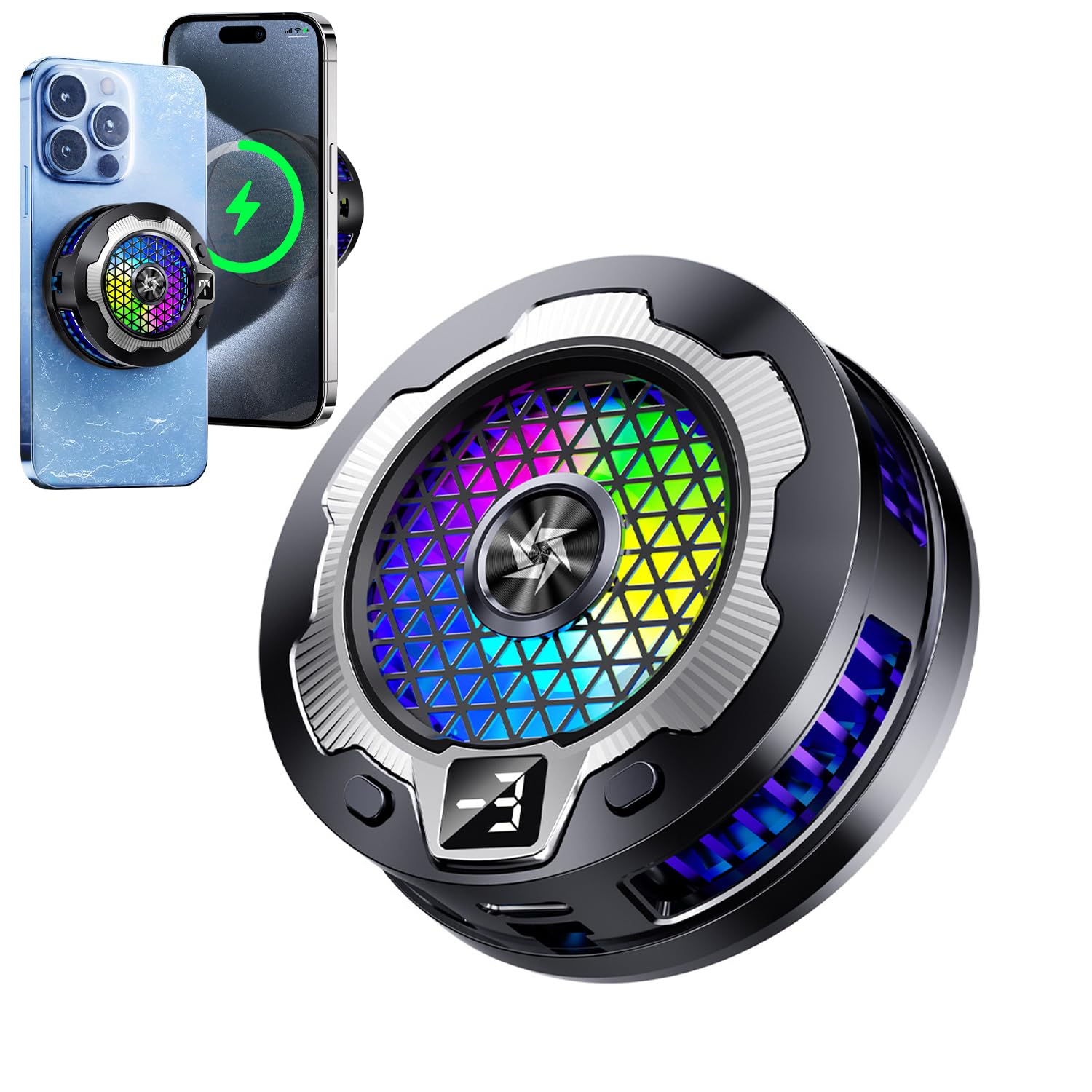 Exrp Magnetic Cell Phone Cooler with Wireless Charging, RGB Phone Cooling Fan with Semi-Conductor Cooling Chip, Phone Radiator with Temperature Display for Mobile Gaming,Tiktok Live Streaming