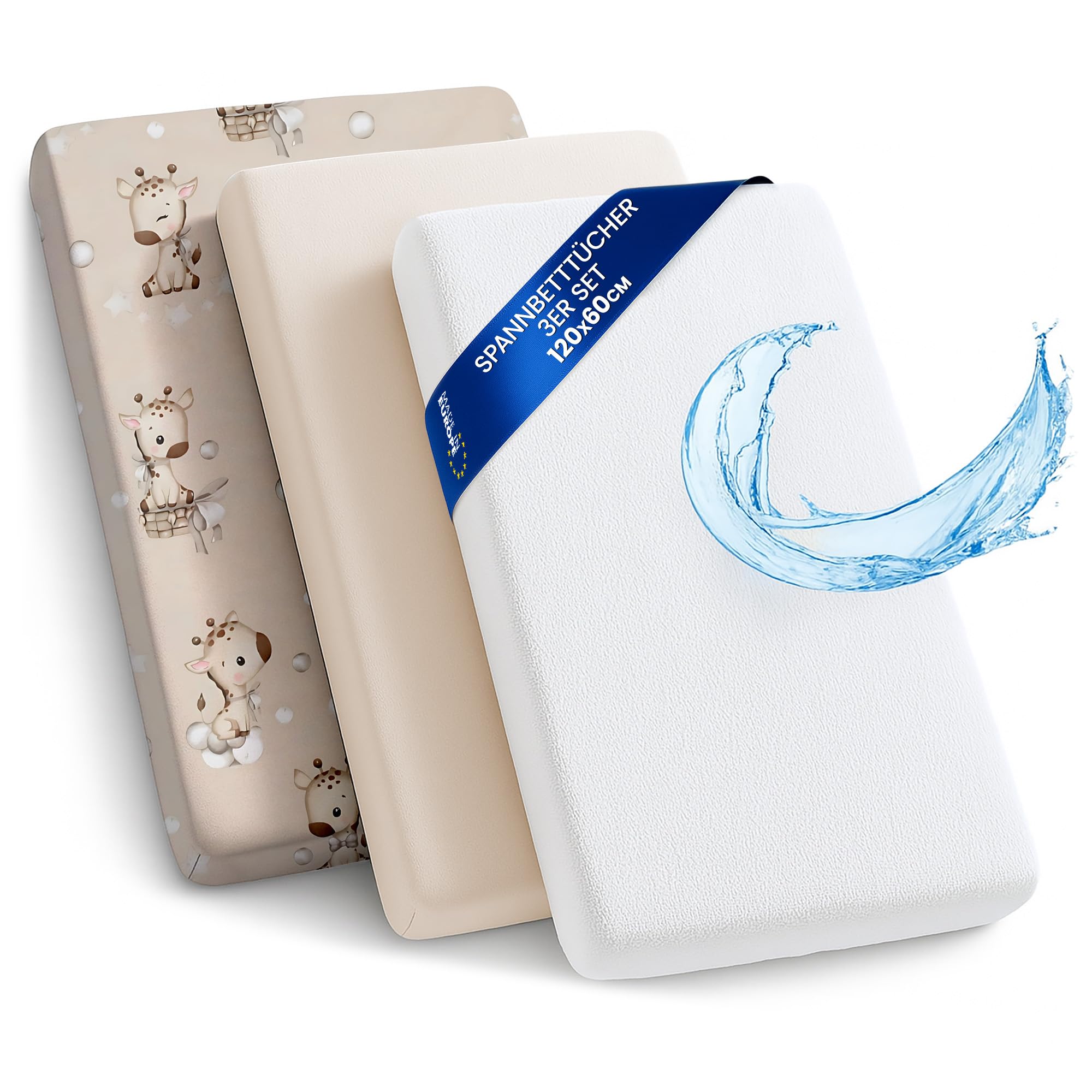 Lenzuola con angoli per passeggino: Set di 3: 120 x 60 cm - 2 lenzuola + 1 coprimaterasso impermeabile - Accessori per lettino per culla co-sleeping carrozzina Giraffe