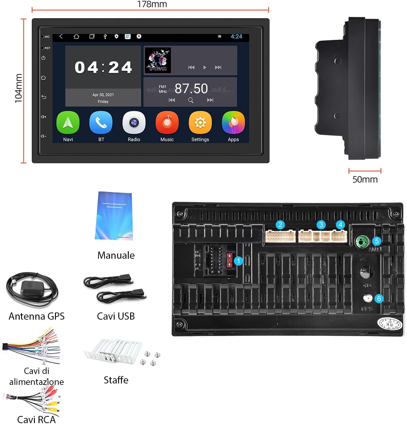 Autoradio 2 DIN 7 Pollici Android con GPS, WiFi, Bluetooth, Touch Screen – Stereo Auto Universale con Radio FM, Lettore MP5, USB, Mirror Link – 4GB RAM 64GB