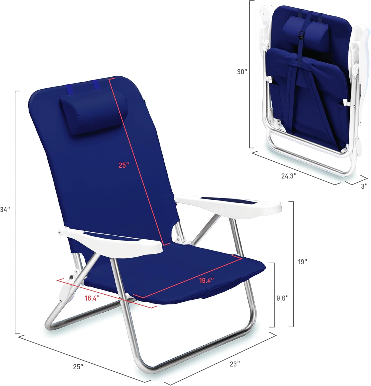 ONIVA - a Picnic Time brand Monaco Reclining Backpack Beach Chair, Outdoor Folding Lounge Chair, Lightweight Low Chair, (Navy Blue)