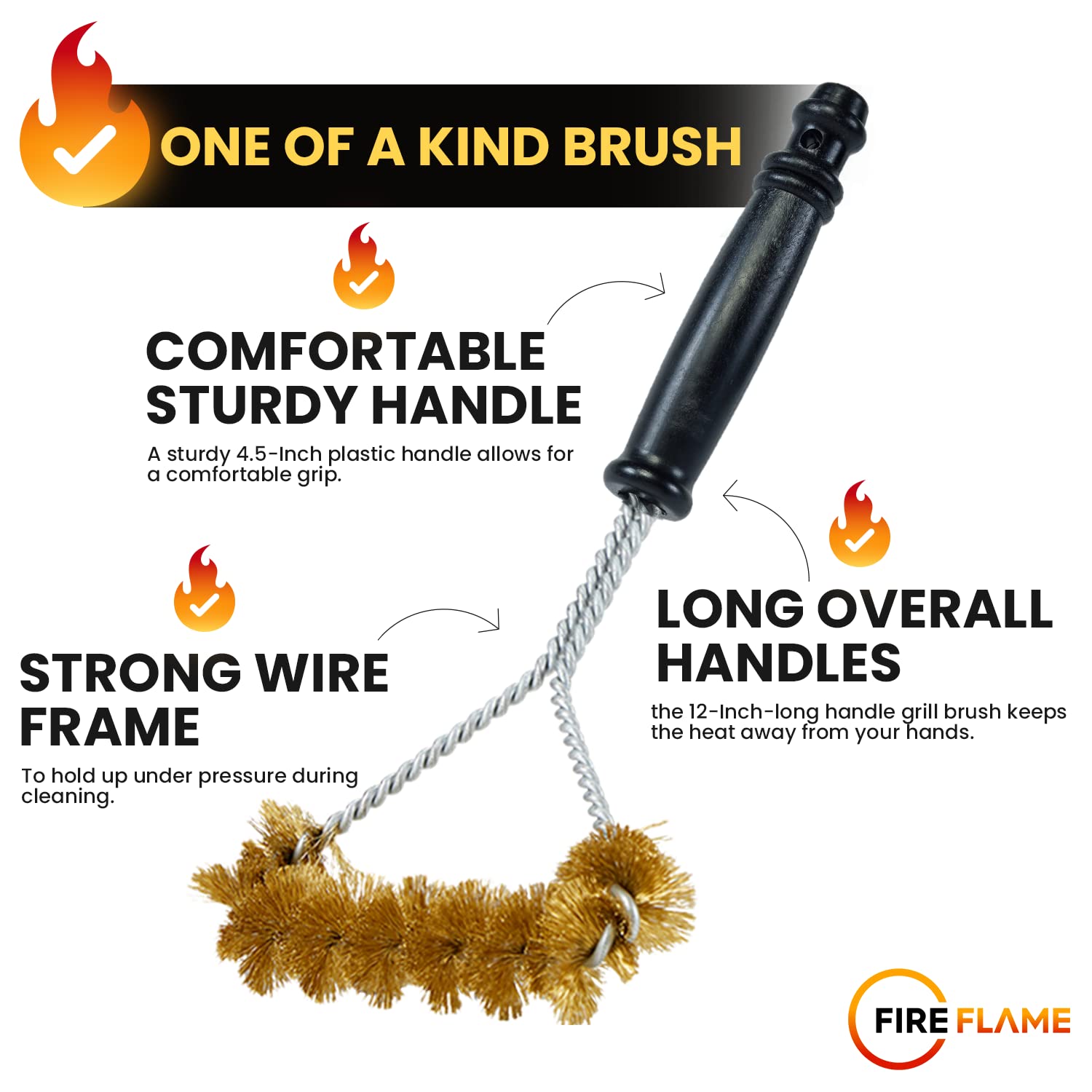 Fireflame - Spazzola per barbecue con setole in ottone antigraffio, manico lungo 30,5 cm, per la pulizia della griglia, a spirale larga e resistente, prodotta negli Stati Uniti