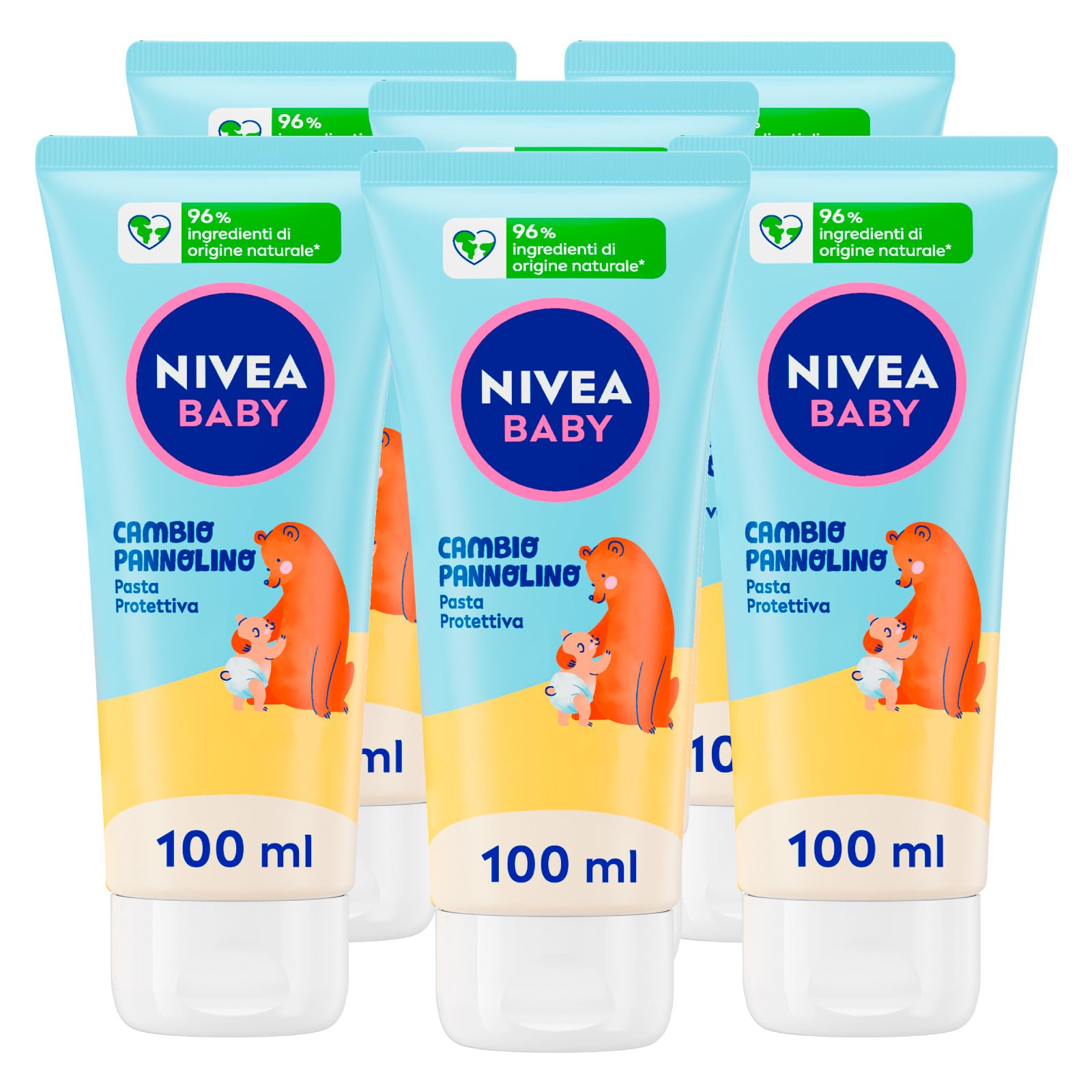 Nivea Baby Schutzpaste für Windelwechsel, hypoallergene Formel mit Zinkoxid mit beruhigender und beruhigender Wirkung gegen Rötungen, 0% Alkohol, Parabene, Farbstoffe – 6 Flaschen à 100 ml