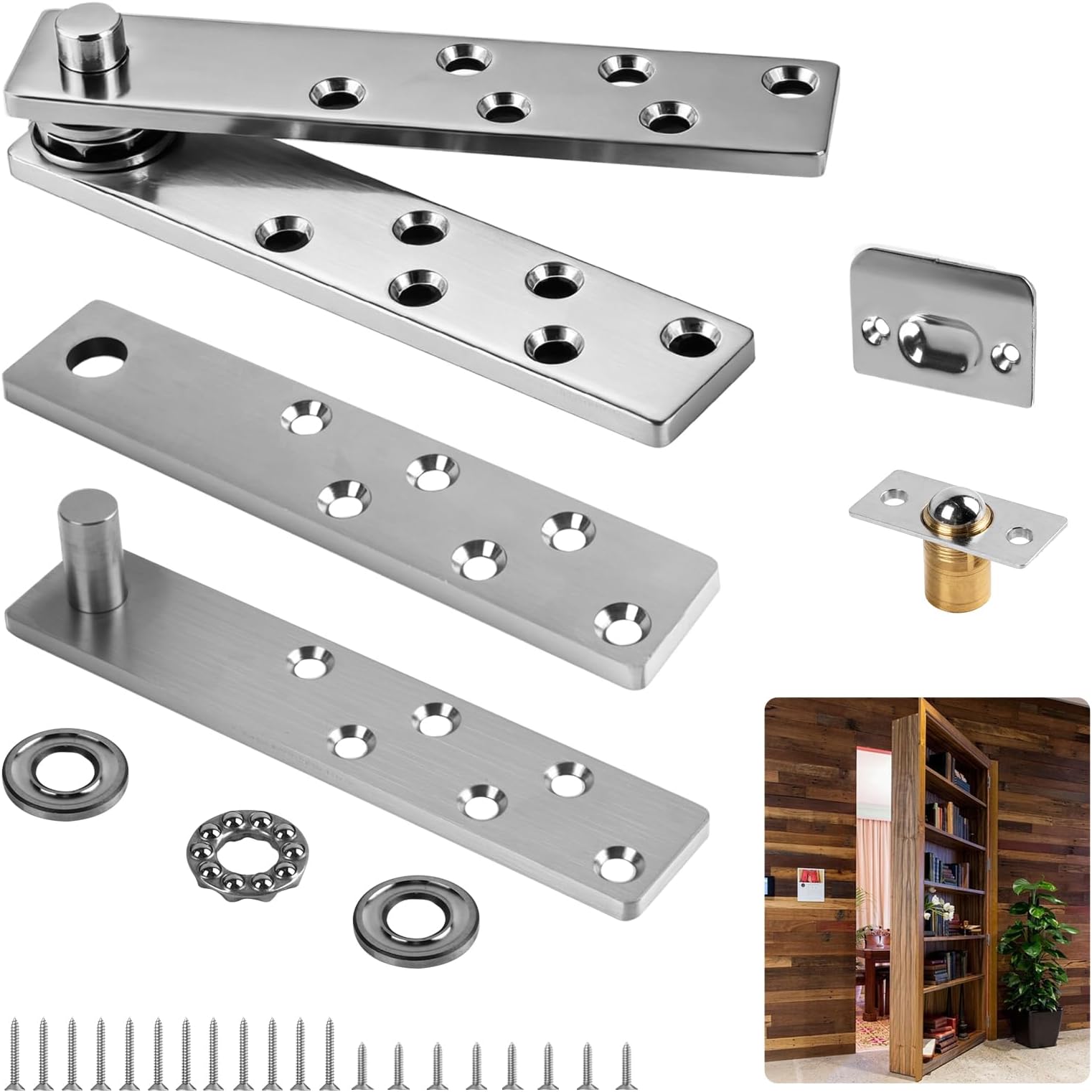 Heavy Duty Pivot Hinge, Pivot Hardware for Max 330 Lb, Hidden Door Hinges Kit for Secret Door Bookcase Wood Bookshelf (Silver)