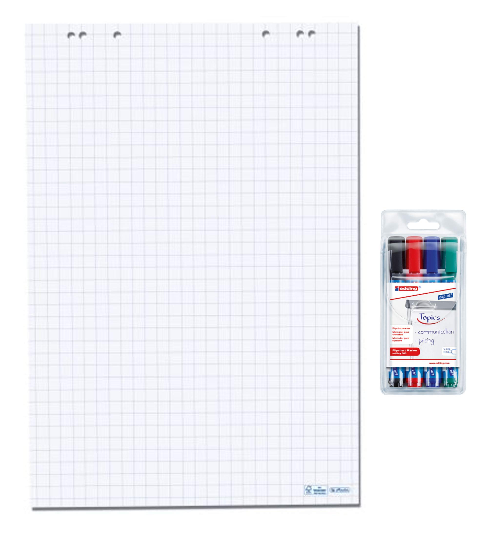 Herlitz Flipchartblock, 68x99cm (kariert/gelocht) 20 Blatt je Block inklusive 4er Qualitätsmarker Set (Kariert 5 Blöcke, Inkl. 4 Marker) (Kariert, Inkl. 4 Marker) (1)