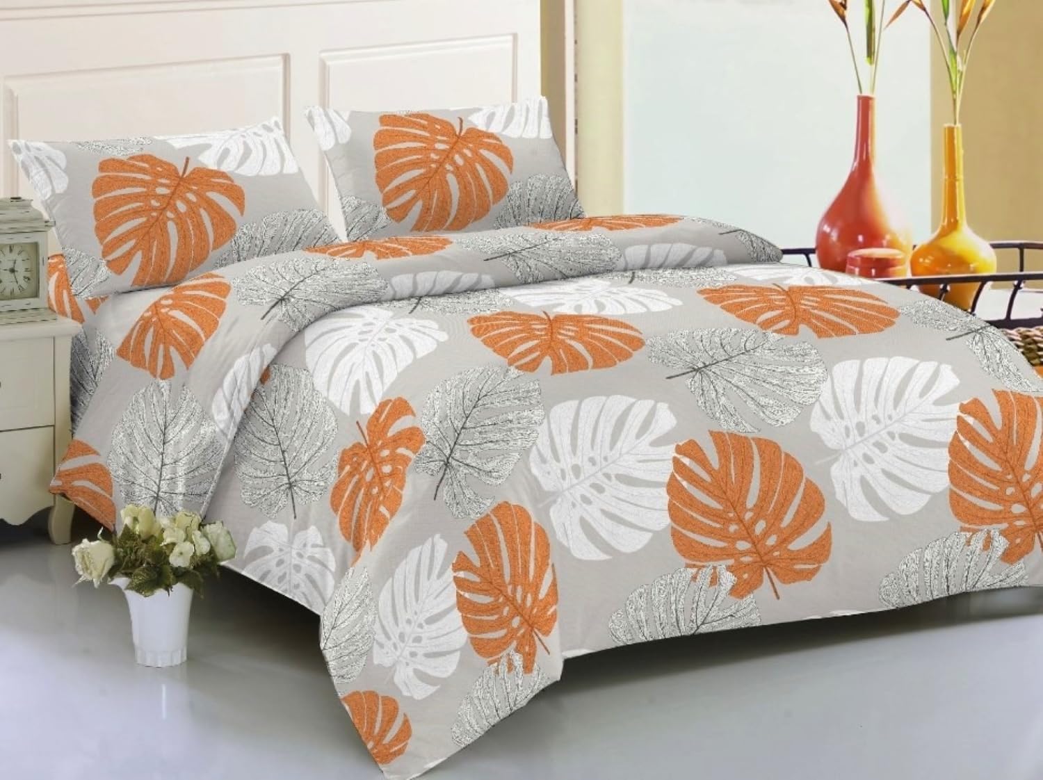 HaraDeco Juego de Sábana de 4 Piezas para Cama 150, Confeccionada 100% Poliester Microfibra, Bajera Ajustable, 2 Fundas Almohada y Sábana Encimera(Cama 150x190/200cm, Hoja Palma Naranja 4pcs)